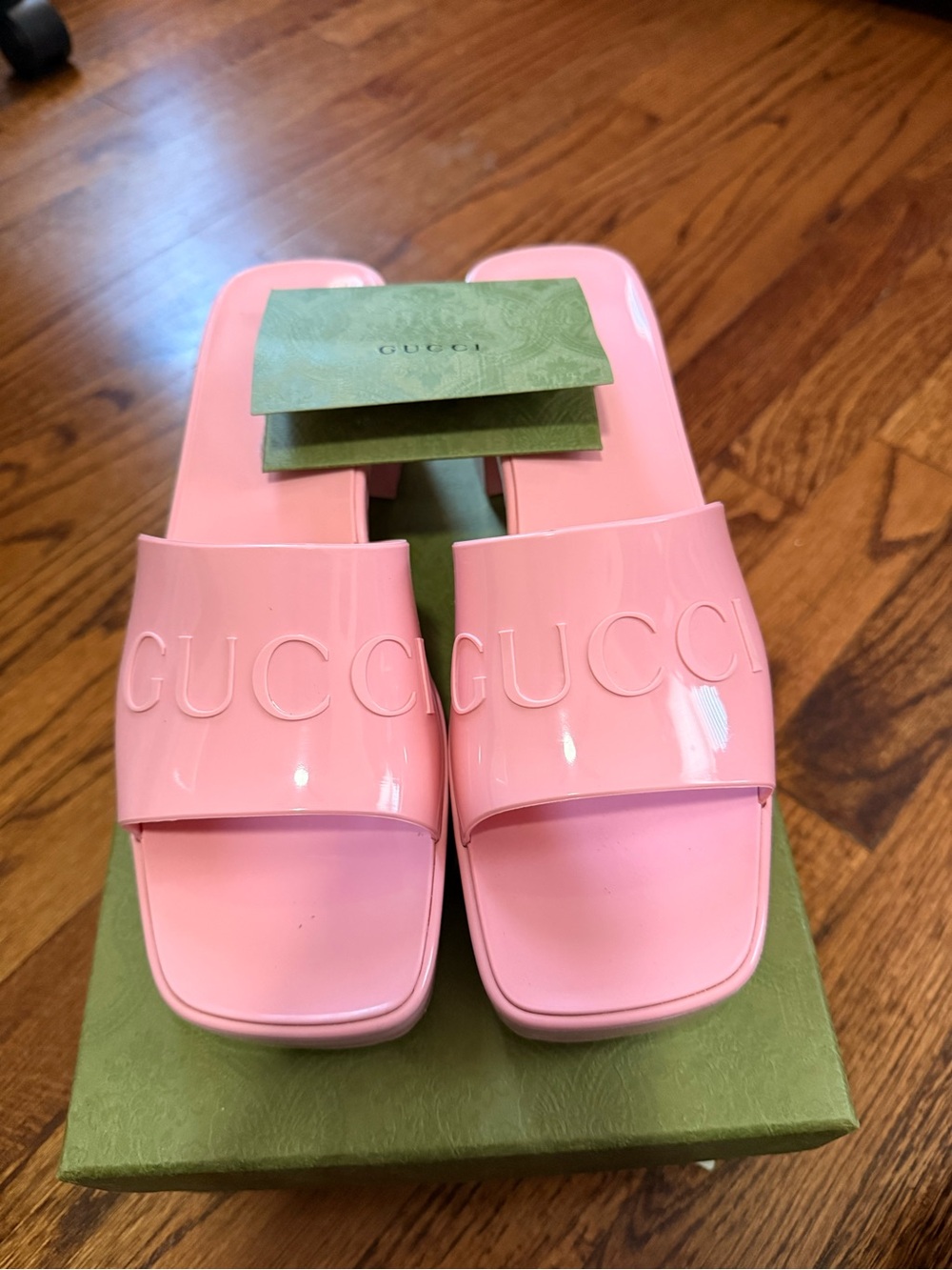 Gucci Pink Patent Logo Slide Sandals